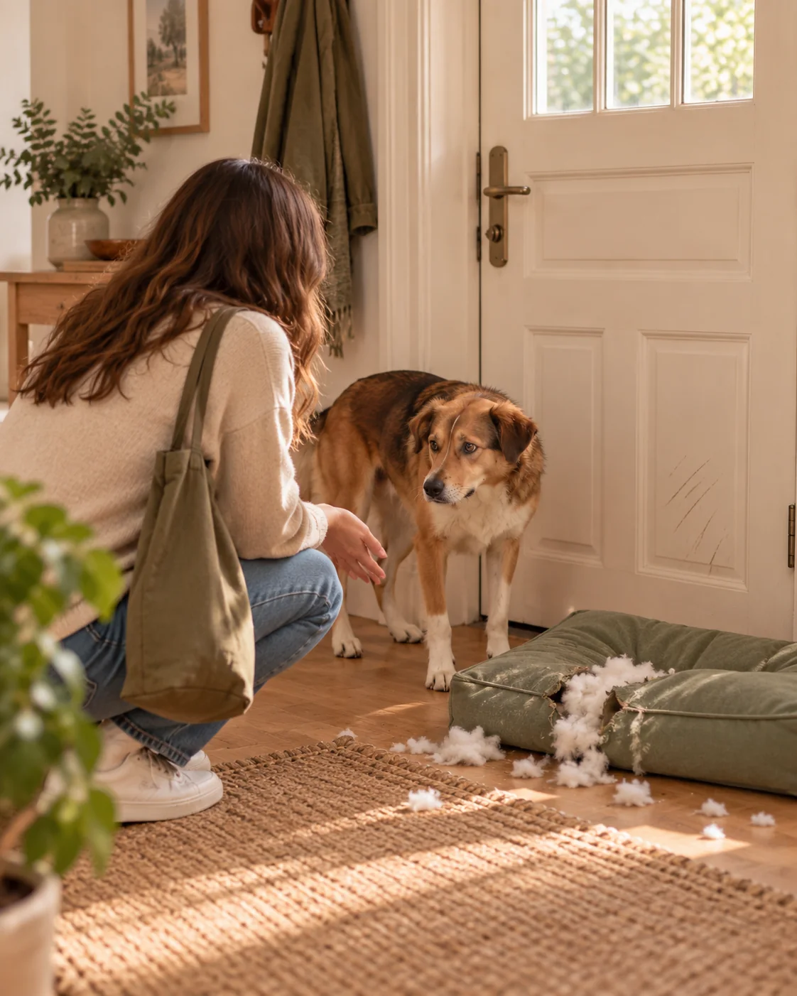Propriétaire découvrant un coussin abîmé par son chien pendant une absence