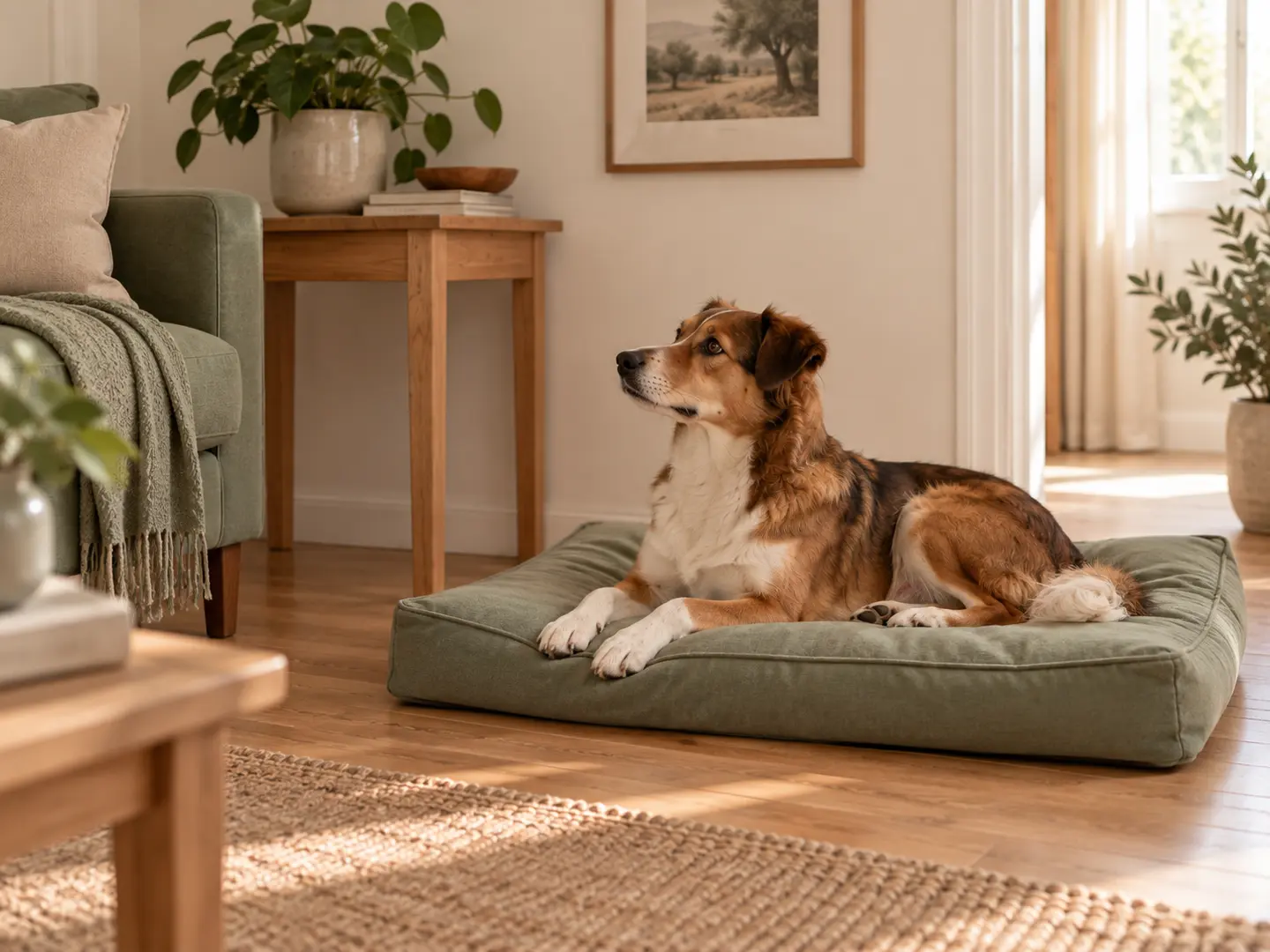 Un chien détendu sur son couchage dans un salon lumineux